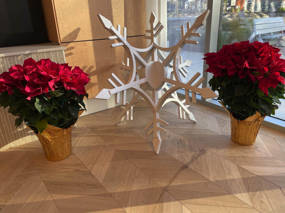 Holiday poinsettia display with giant snowflake